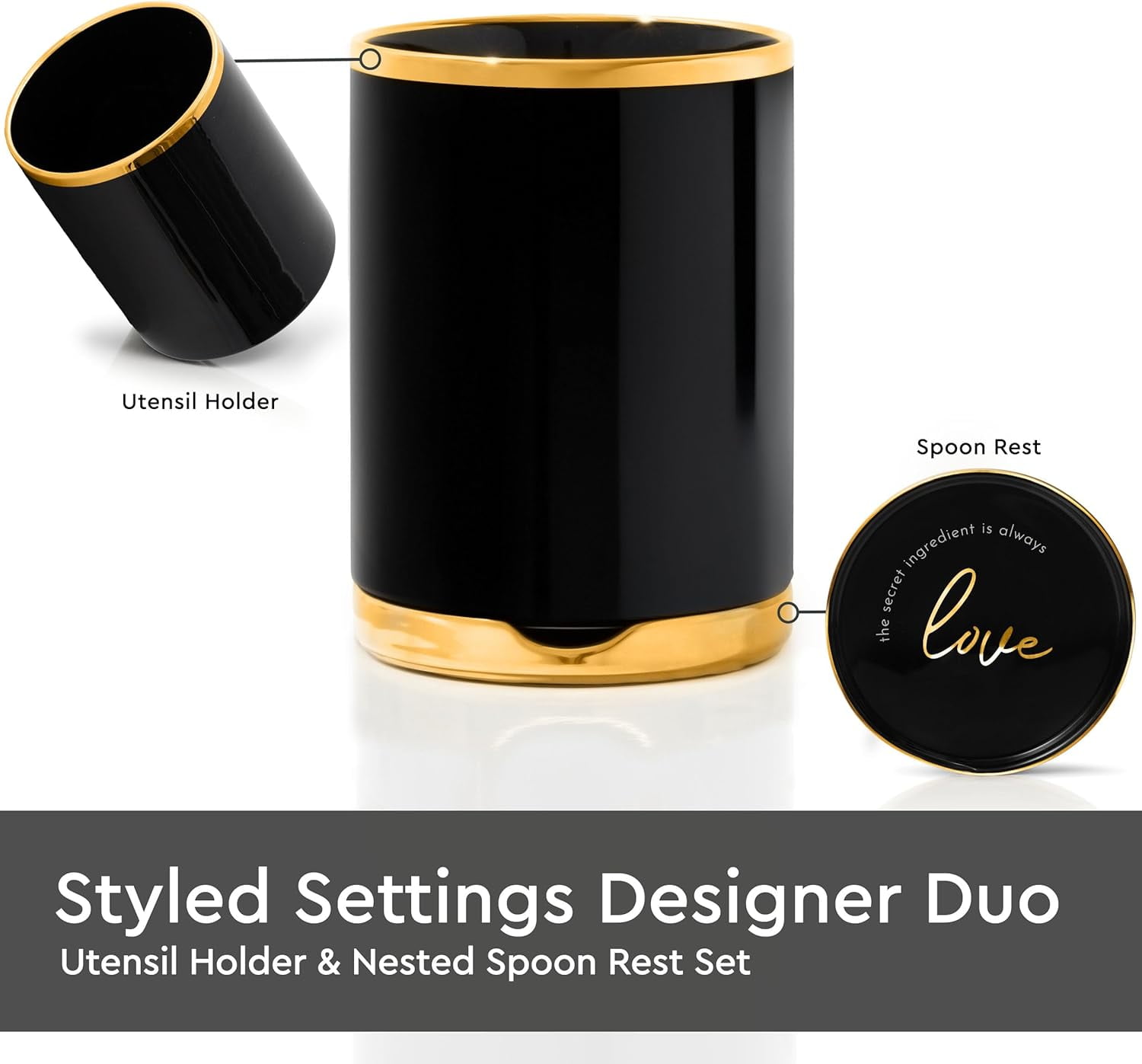 Styled Settings Black and Gold Utensil Holder with Built-in Spoon Rest - 2 PC Large Ceramic Utensil Holder Includes Black & Gold Spoon Rest