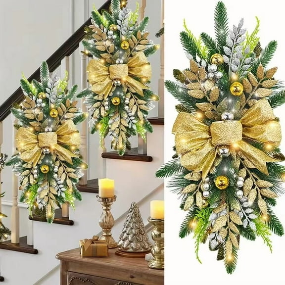 Christmas Swags & Garlands with Lights Cordless Stairway Prelit Stair Swag Christmas Lighted Garland Ornament Outdoor Door Hanging