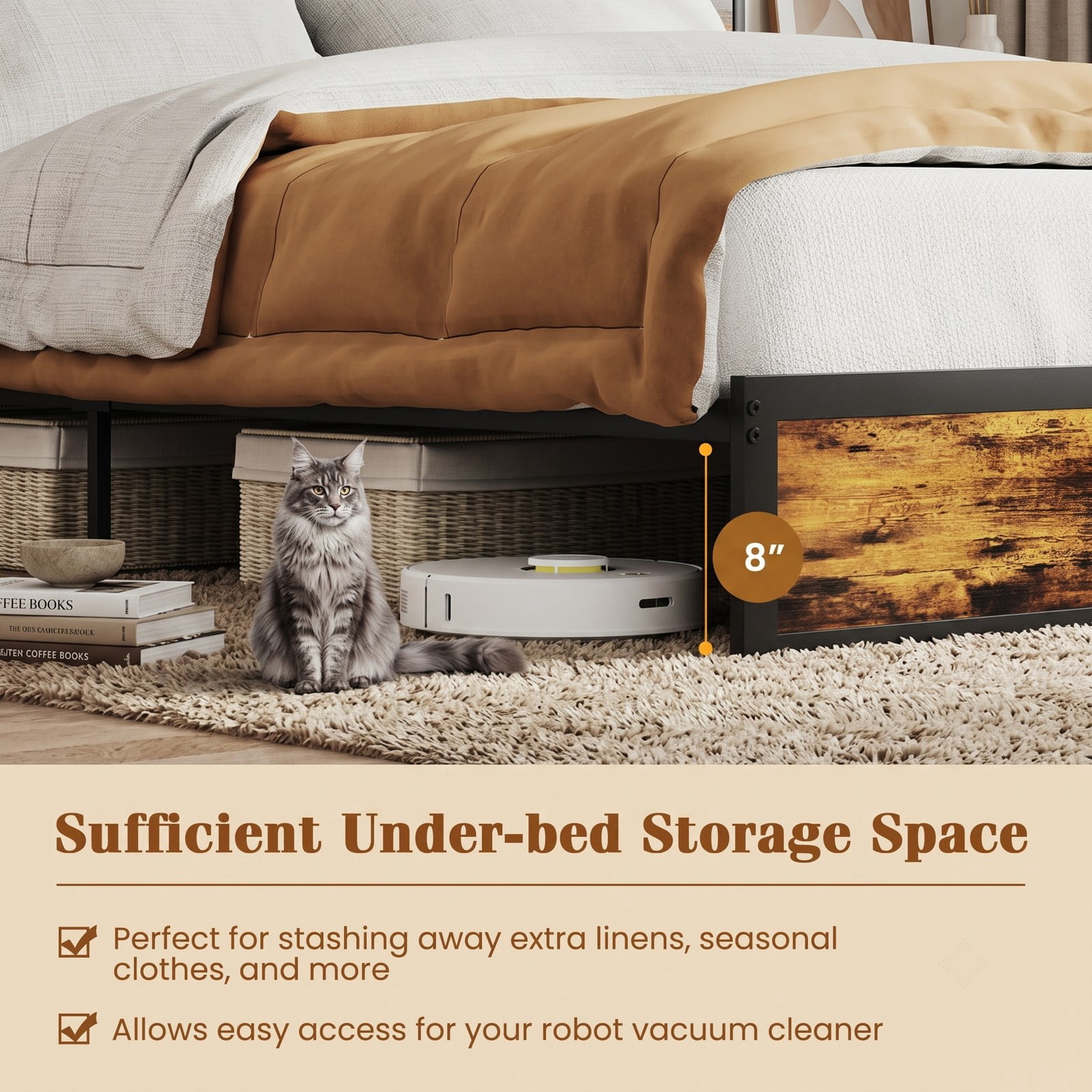 Furnibear Queen Bed Frame Industrial Metal Platform Bed with Storage Headboard and Charging Station and USB Ports, Rustic Brown