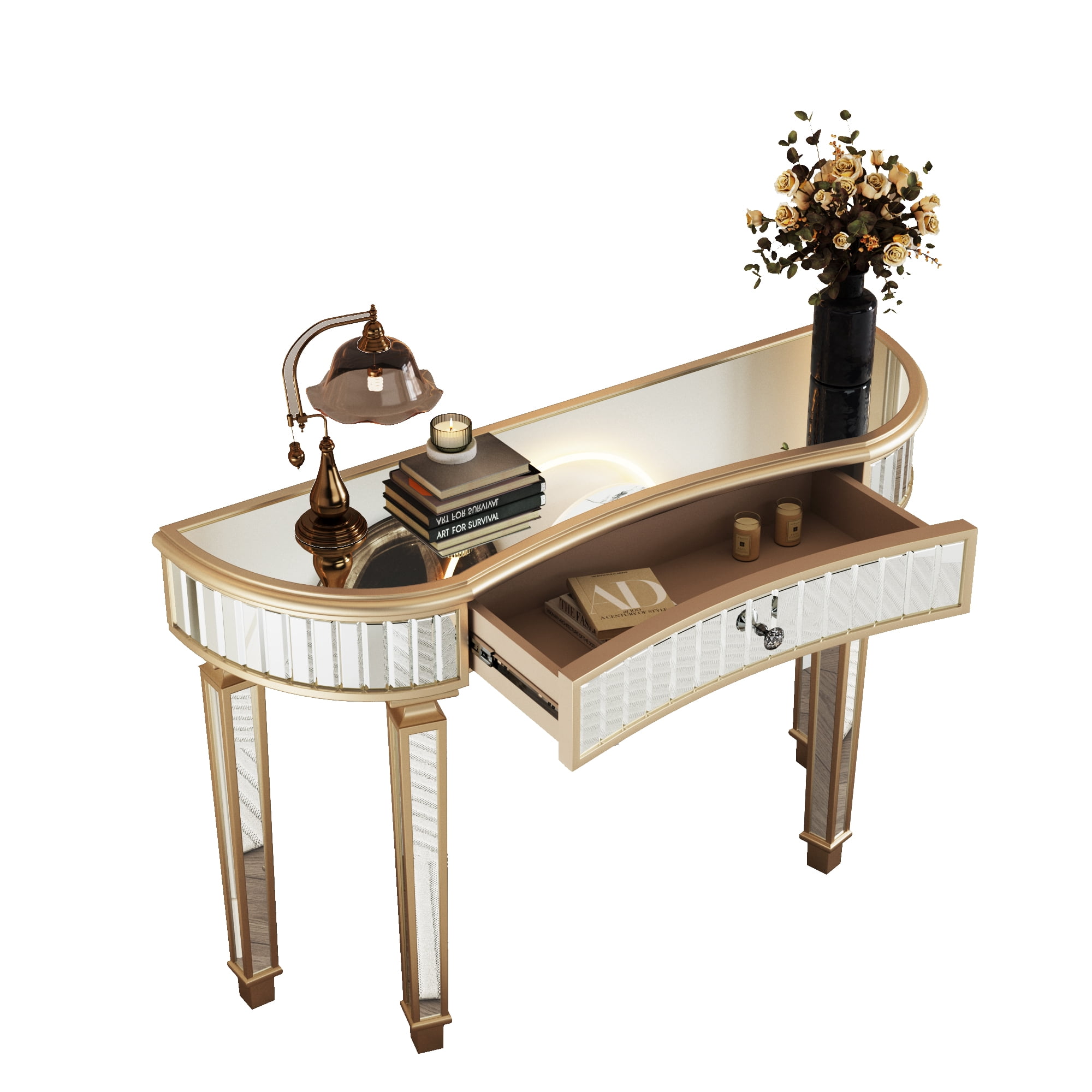 47" Half-Moon Mirrored Console Table with Fluted Glass & Crystal Knob Drawer - Silver Entryway Vanity Desk for Bedroom/Dressing Room(Gold+Sliver)