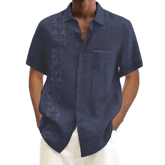 Lzzidou Men's Hawaiian Shirt - Short Sleeve Button Down Beach Shirt In Navy Village Print, Size Large