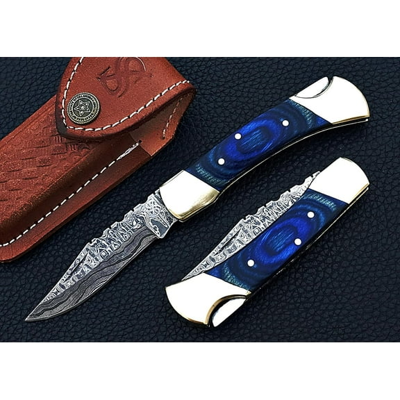 Smart & Sharp Custom Handmade Damascus Steel Folding Knife/Pocket Knife AR-17395 (Blue Colored Wood)