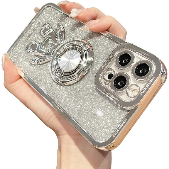 Astronaut Phone Case for iPhone 13 Glitter,Luxury Bling Sparkly Shiny Clear Plating Case with Hidden Stand Ring Holder Soft Cover for Women Girly,Silver Bling,6.1 Inch