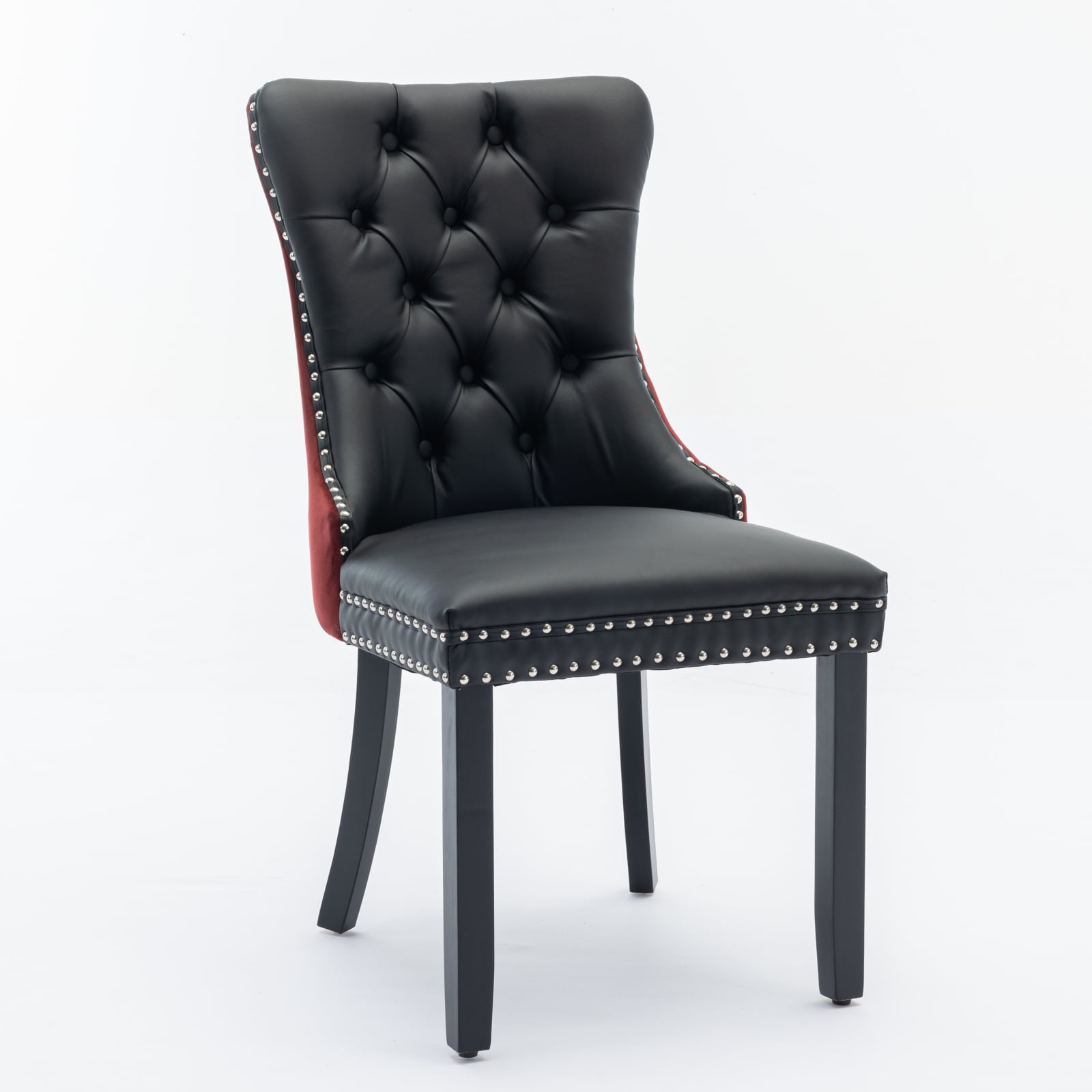 Yoneston Button Tufted Upholstered Dining Chairs Set of 2, Solid Wood Dining Chairs with Nailhead Trim, Elegant Accent Chairs for Dining Room, WineRed & Black