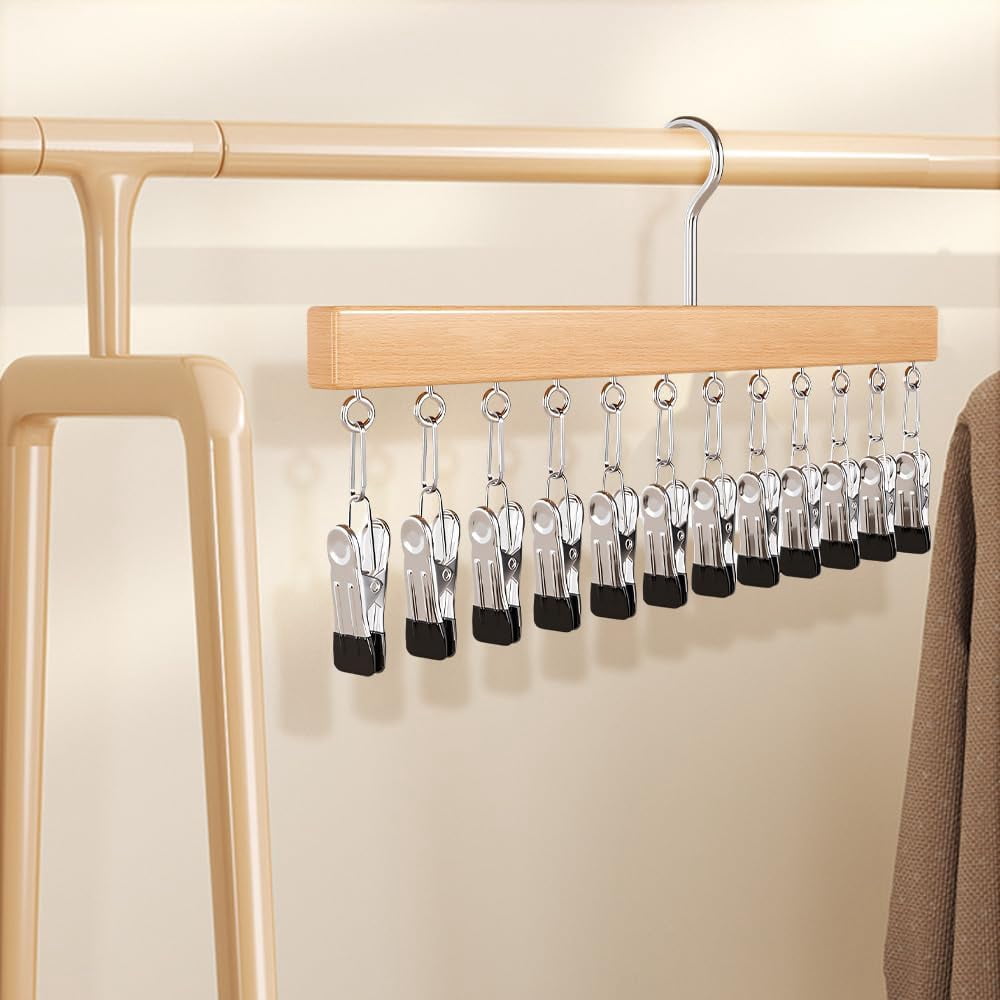 Space Saving Hanging Closet Organizer with 10/12 Clips, Multi-Purpose Storage Hanger for Jeans Skirts Scarves Socks, Heavy Duty Metal Frame with 360° Rotating Hook