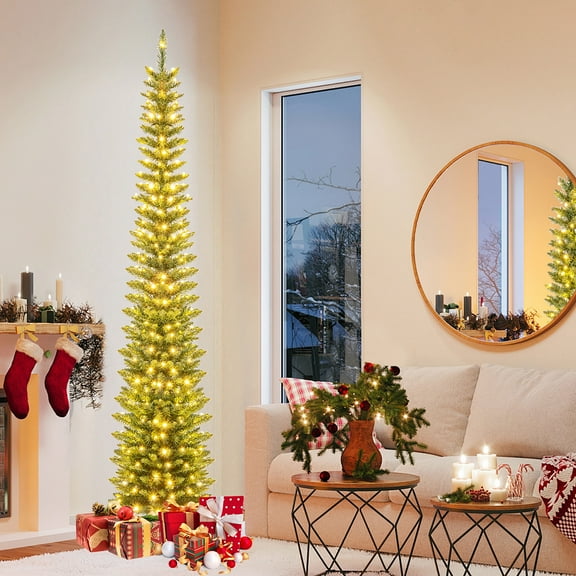 Gymax 8 FT Pre-Lit Artificial Christmas Tree Slim Pencil Xmas Tree w/ 591 Branch Tips