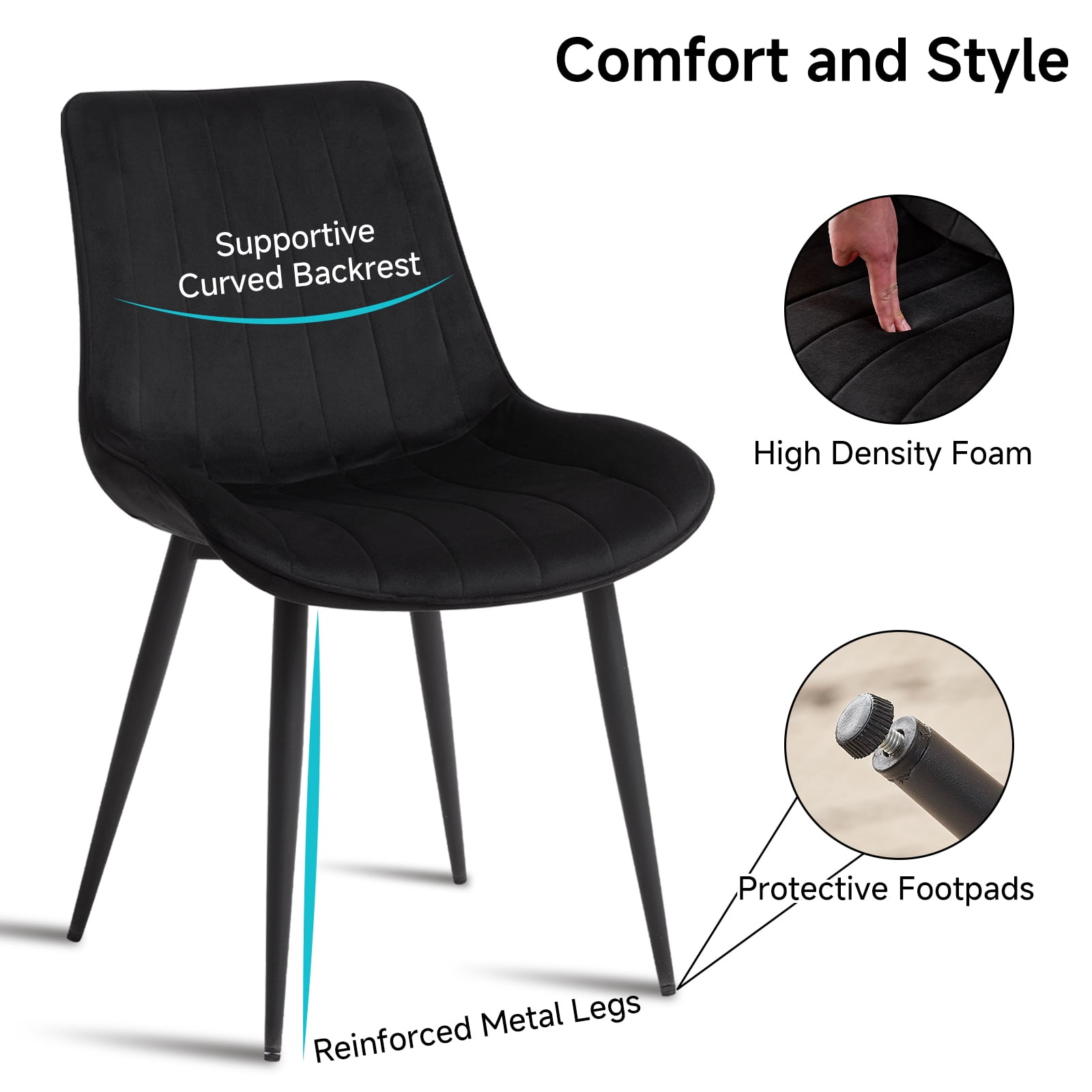 Velvet Dining Chairs Set of 4, Modern Upholstered Armless Kitchen Chair with Metal Legs for Bedroom Living Waiting Room, Black