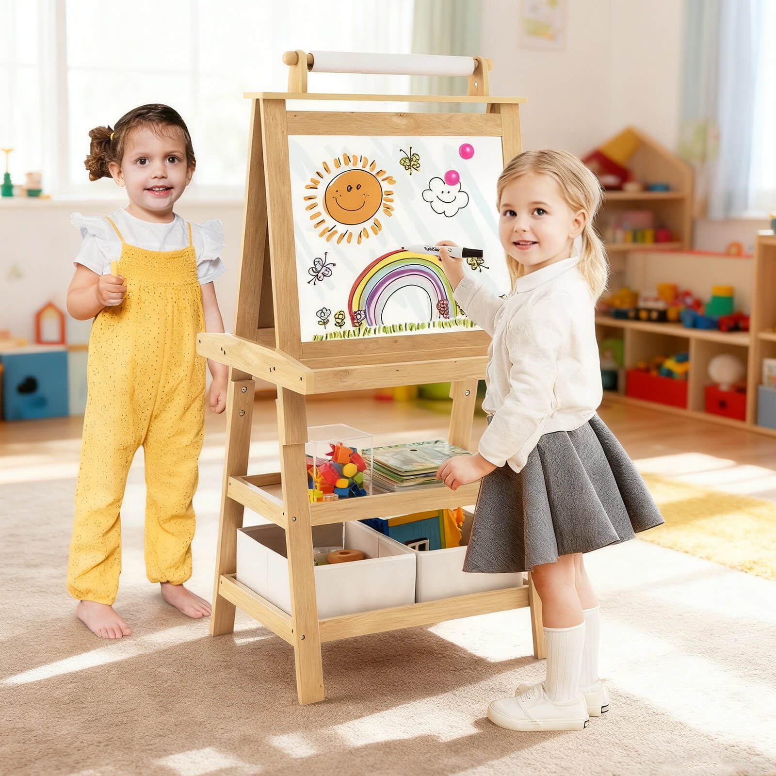 Costway Kids Art Easel Double Sided Chalkboard Magnetic Whiteboard with Storage Tray Pink Natural