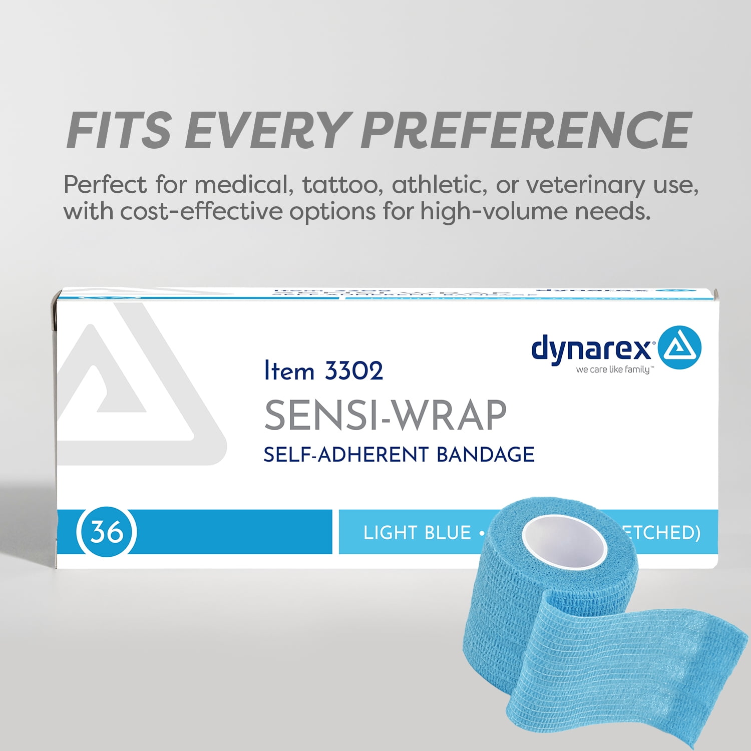 Dynarex Sensi-Wrap Self-Adhesive Bandages, 36-Pack, 2" x 5 yards, Light Blue, Latex, Colored Elastic Cohesive Athletic Tape, Tattoo Grip & Vet Wrap