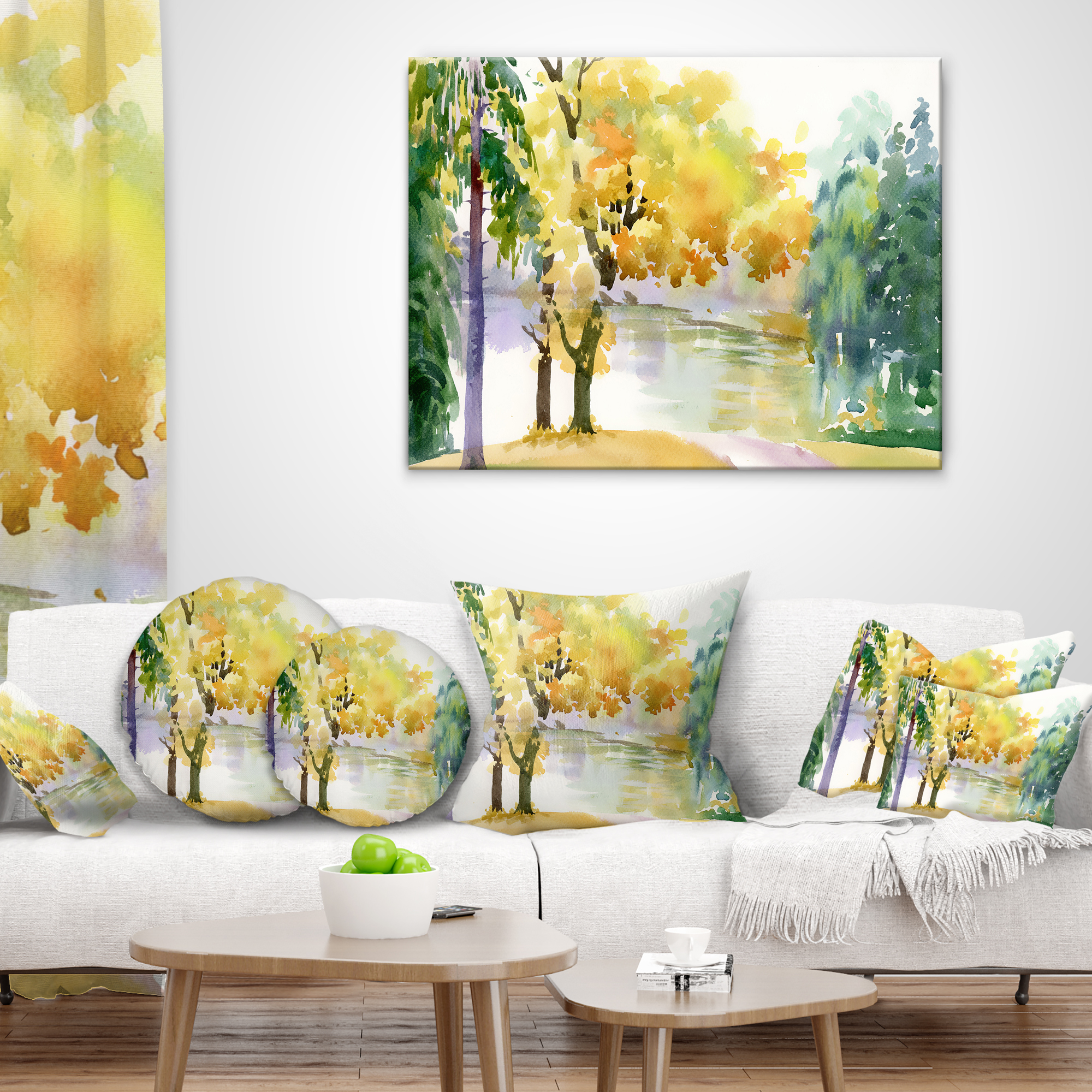 Designart Beautiful Autumn Forest Watercolor - Landscape Printed Throw Pillow - 16x16