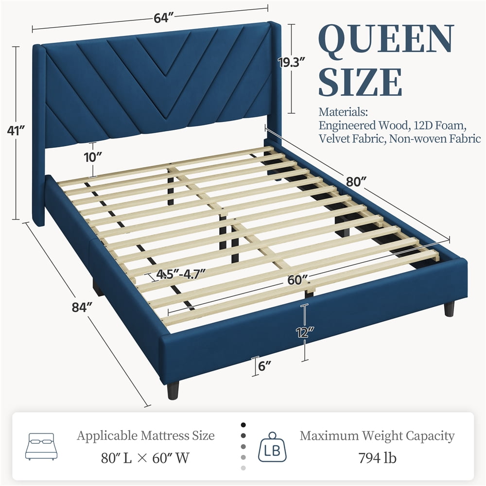 Yaheetech Upholstered Platform Bed with Tufted Headboard and Wing Side, Queen, Blue