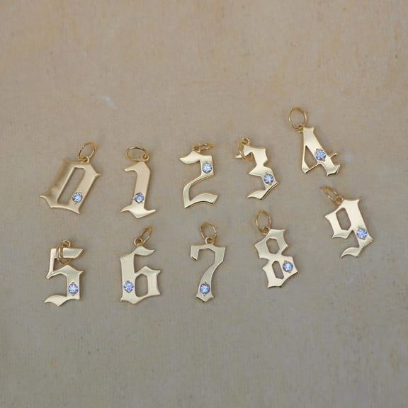 Anygolds 14K real solid gold Genuine Diamond Gothic Number Charm Pendant Necklace