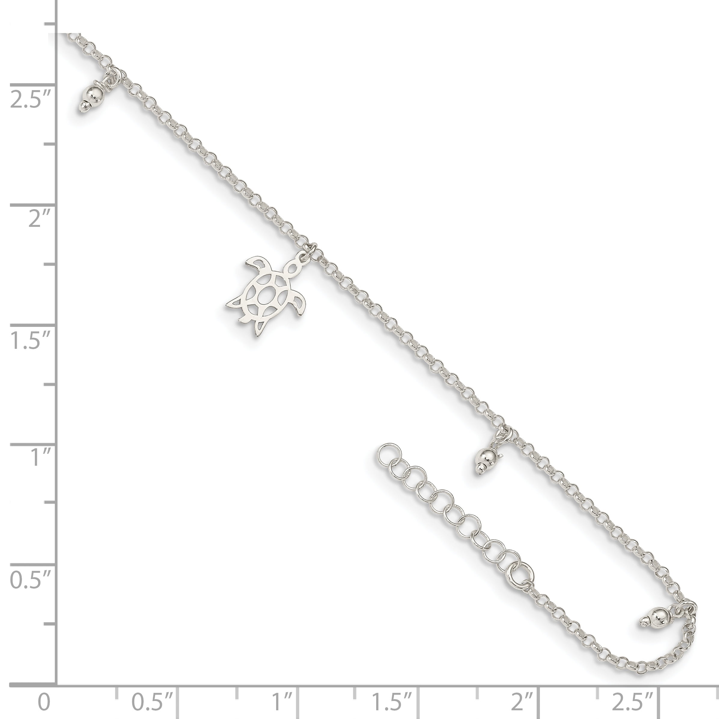 Sterling Silver Turtle & Dangle Beads with 1in Extender Anklet