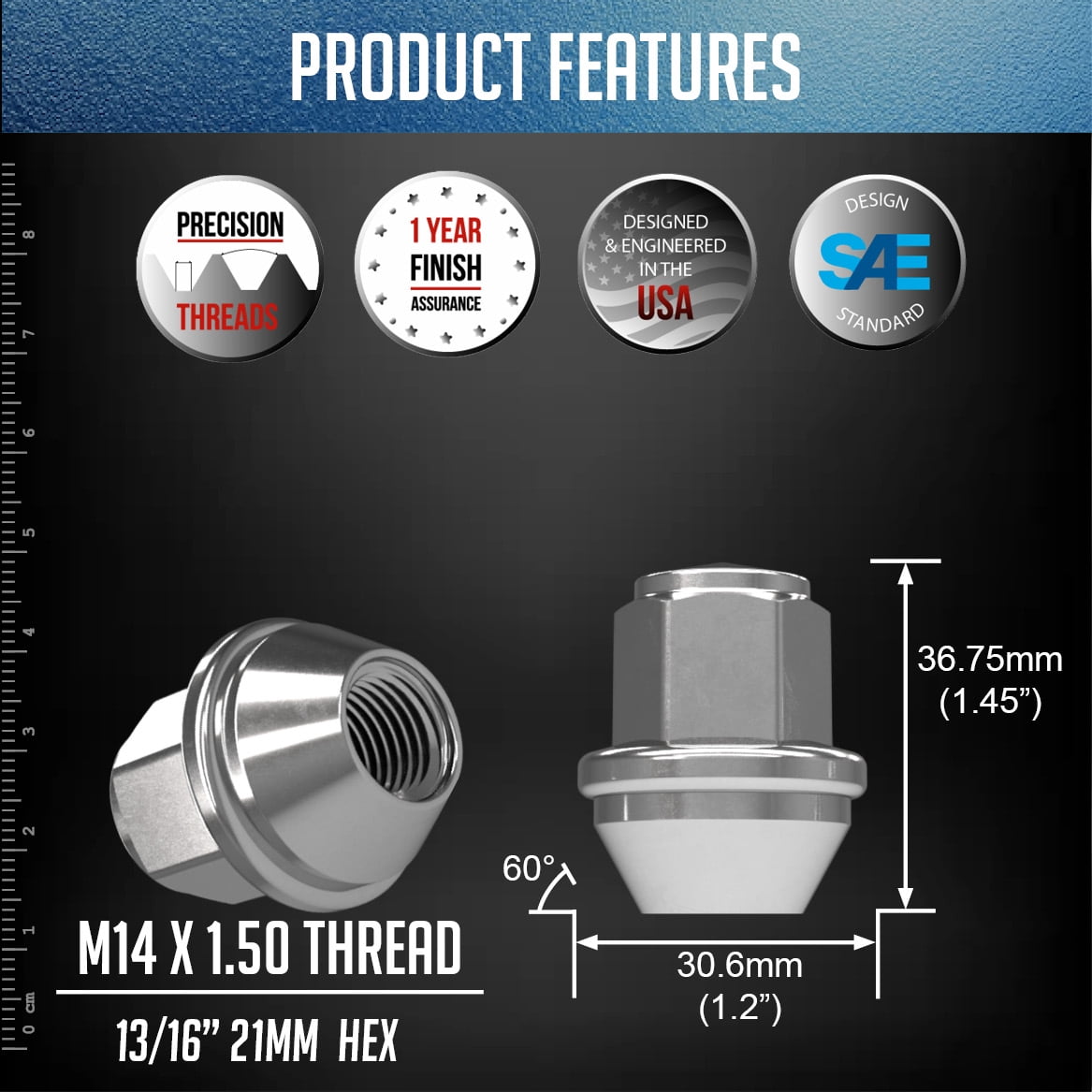 Wheel Accessories Parts 20 Pcs 14mm 1.50 14x1.50 Thread 611-204 ACPZ-1012-D ACPZ-1012-M | 1.66" Long OEM Style Lug Nuts Chrome 13/16" Hex Fits 2015+ Ford Mustang 2020+ Explorer 2015+ Edge | Maverick