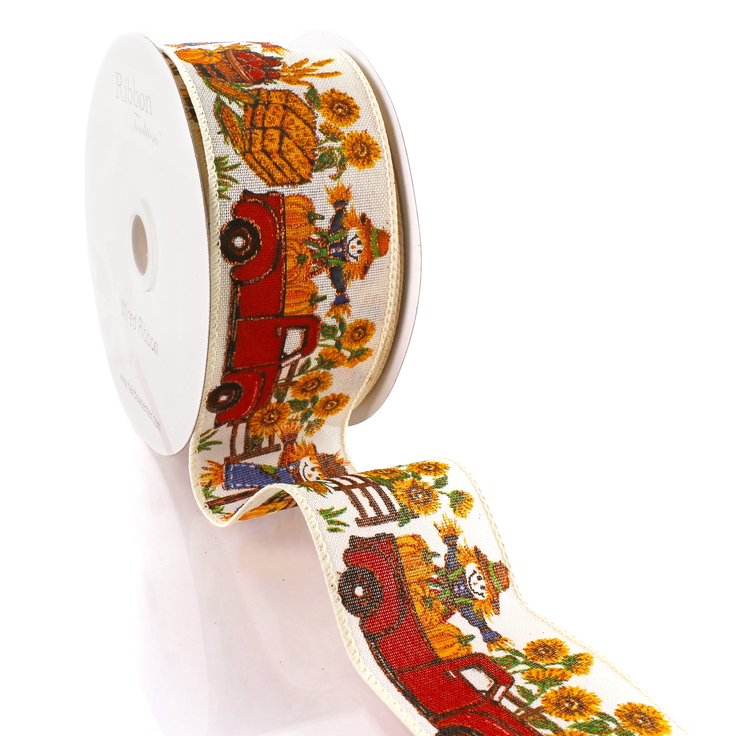 2 1/2" Wired Ribbon Fall Scarecrows and Sunflowers 25 Yards