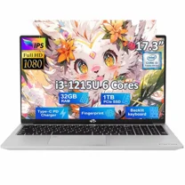 17.3 Gaming Laptop Intel 6 Cores I3-1215U 32GB RAM 1TB SSD (Beat R5 7520U, Up to 4.4GHz) Student-Computer with 65W Type C Backlit Keyboard Fingerprint, for Home and Business