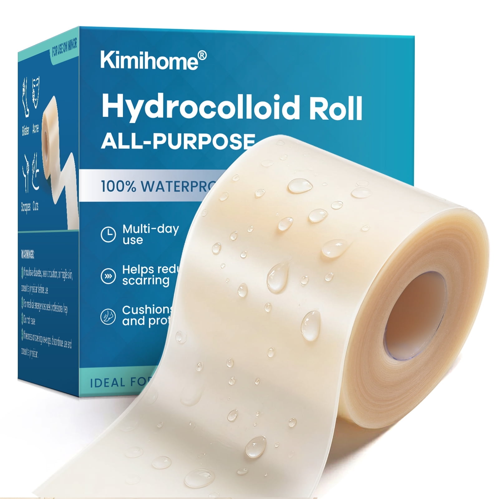 Kimihome Hydrocolloid Roll Bandages - 2.56" x 16.4ft, Self-Adhesive, Cut-to-Size for Blisters & Acne - Travel & First Aid Essential