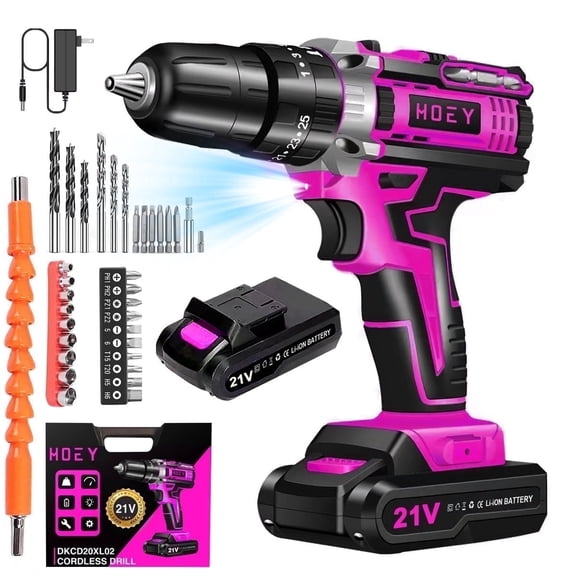 Hoey 21V Cordless Power Drill Set, 3/8 Inch Keyless Metal Chuck, 25 3 Clutch, Built-in LED Work Light, 34-Piece Accessory Kit