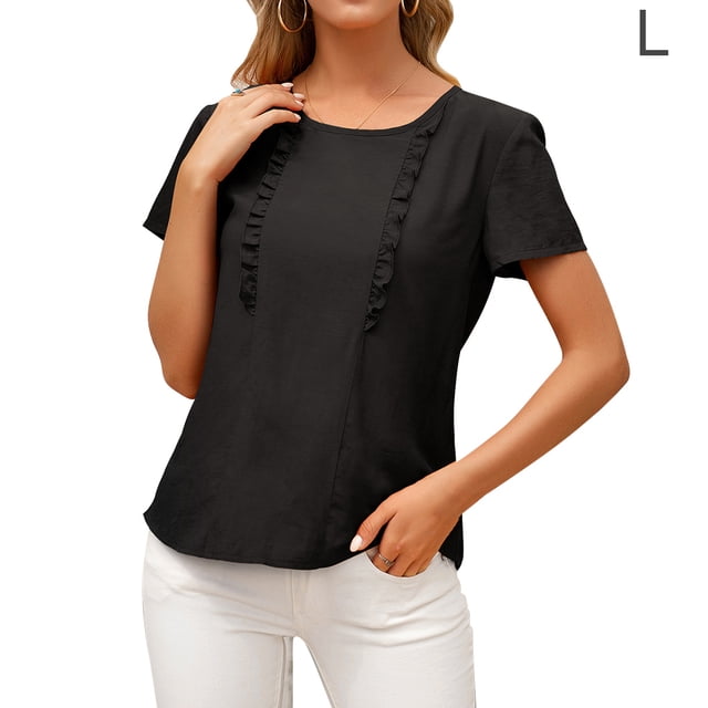 Camiseta de mujer Verano Cuello redondo Manga corta Casual Top suelto, Negro, L seitruly AP001321-03