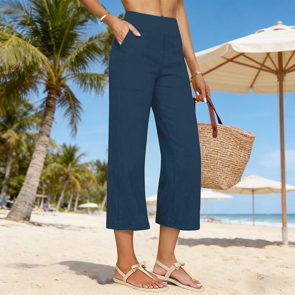 ITSAME Capri Pants for Women, High Waist Straight Leg Cotton Linen Summer Fashion Casual Pants Navy Size L