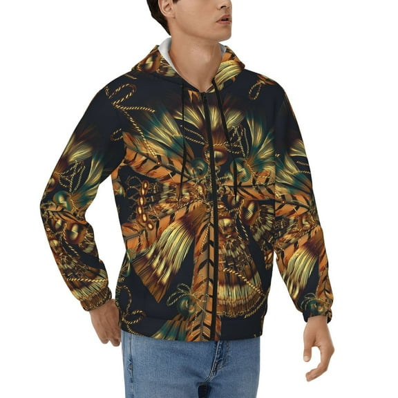 Mens Full Zip Hoodies Sweashirts Jacket Hooded Sweatshirt, Native Indian Feathers Ethnic Tassles