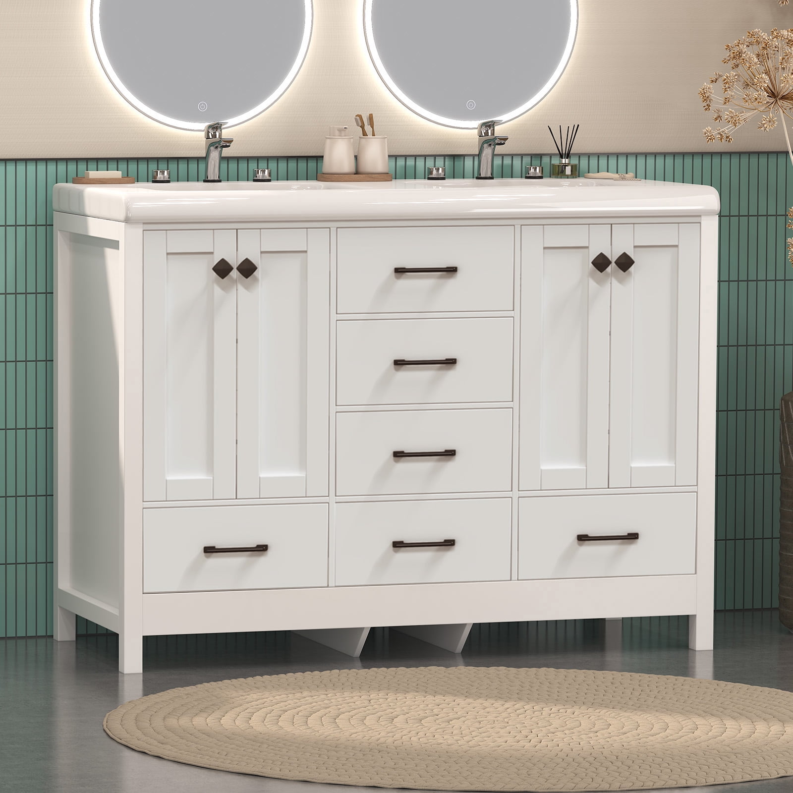 Jarbalai 47" Freestanding Bathroom Vanity with Double Ceramic Basin and 5 Drawers and 2 Cabinets, White