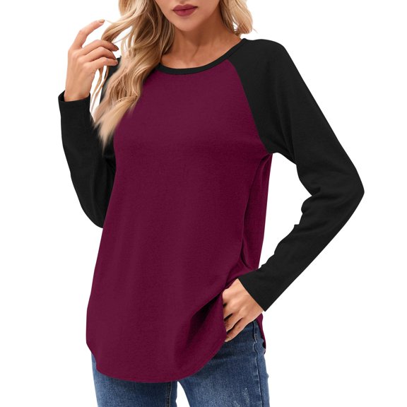 Xyxonk Color Block Shirts for Women Trendy Tunics Crew Neck Shirt Plus Size Basic Long Sleeve T Shirts Comfy Top Pullover for Teen Girls Dark Purple M