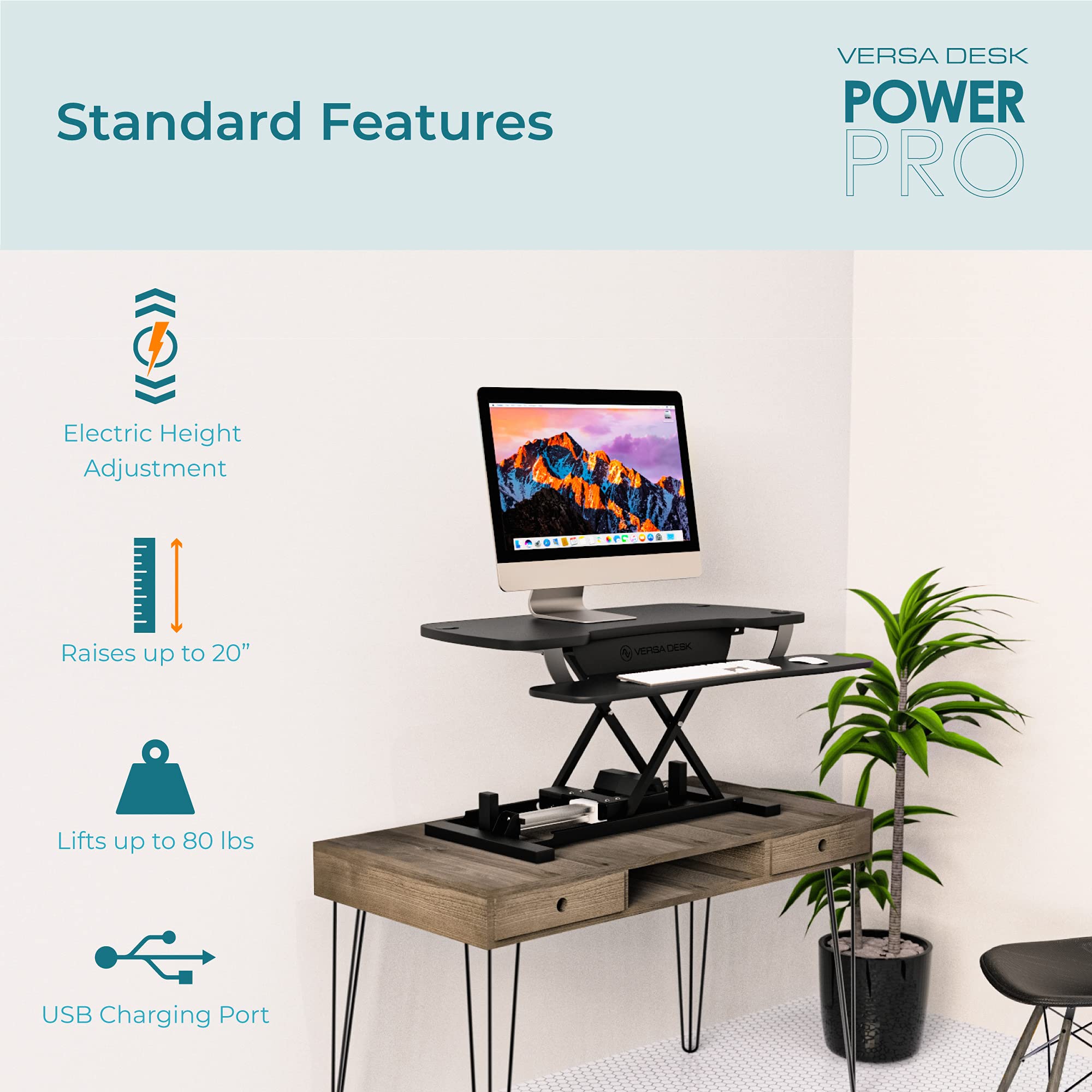 VERSADESK® PowerPro™ 36” Electric Standing Desk Converter - Wood & Steel Sit-to-Stand Riser w/ Keyboard Tray & USB Hub, | Maple, 36”x24”