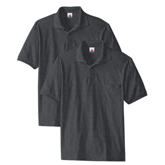 Hanes Mens Cotton-Blend EcoSmart® Jersey Polo With Pocket (Pack of 2) 2 Charcoal Heather