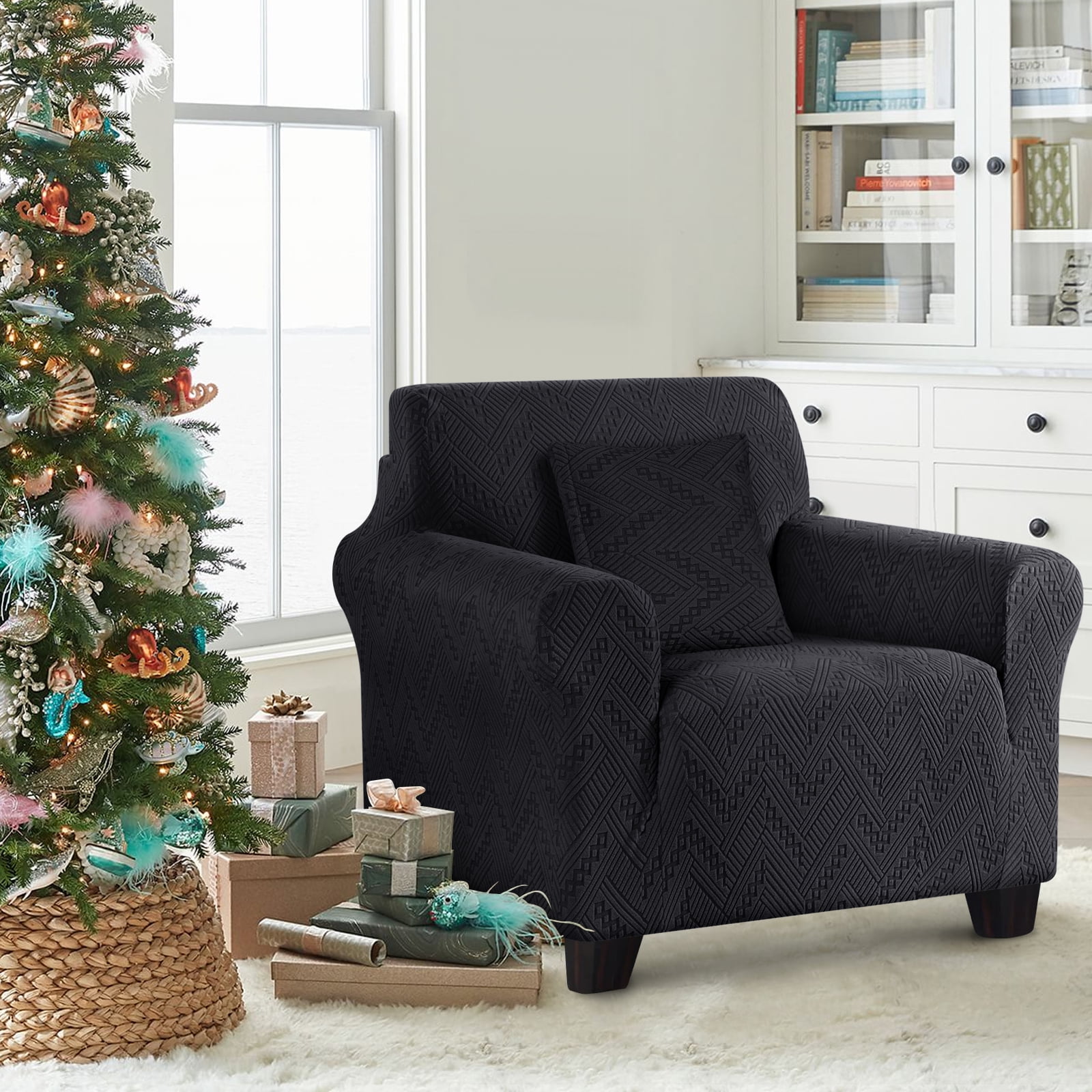Timeles 1 Piece Stretch Sofa Slipcover Non Slip Armchair Cover Soft Jacquard Couch Cover Washable Furniture Protector with 1 Throw Pillow Cover (1 Seater, Black)