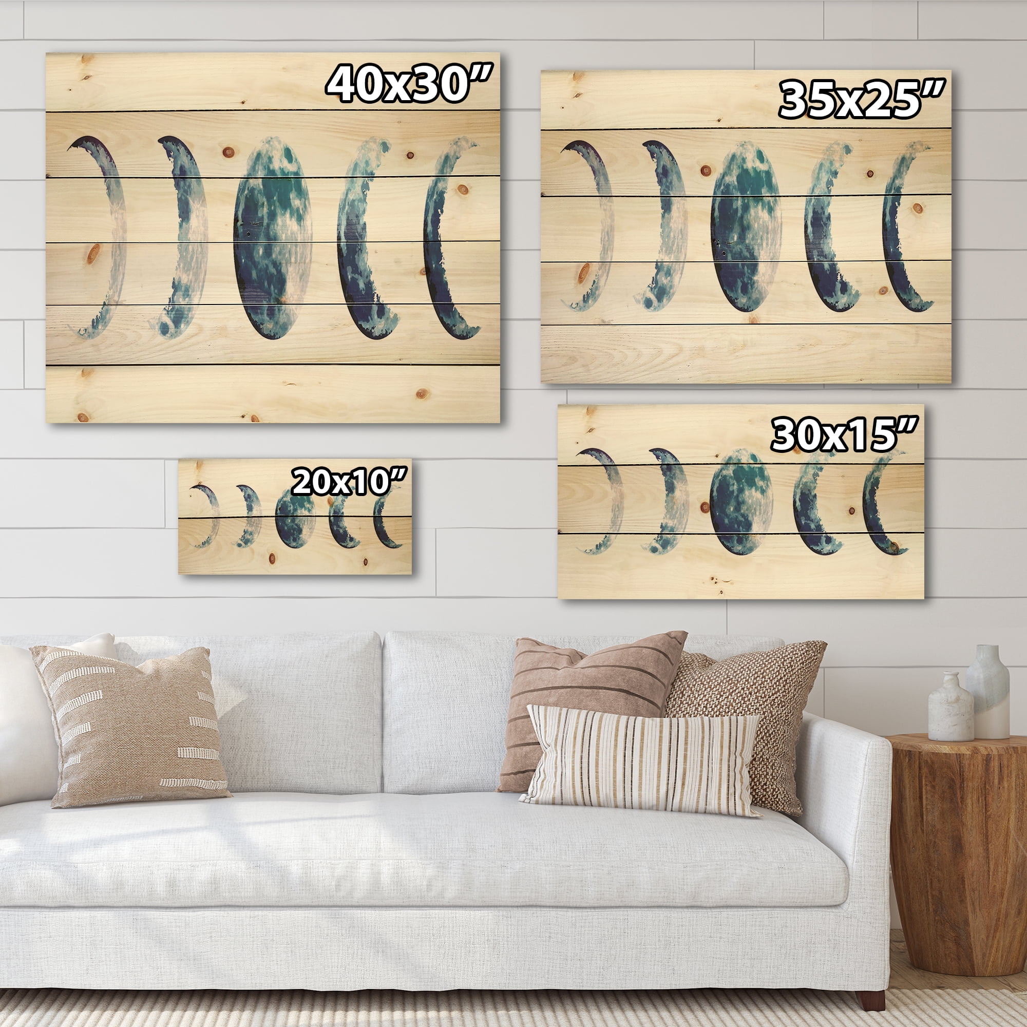 Designart 'Magic Blue Moon Phases On White' Bohemian & Eclectic Print on Natural Pine Wood