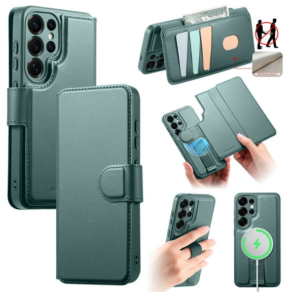 Allytechgroup for Samsung Galaxy S26 Ultra Case, 2-in-1 Wallet Phone Cover with Detachable PU Leather Card Holder, Magnetic Compatible with MagSafe RFID Blocking Protective Case & Wristband, Green