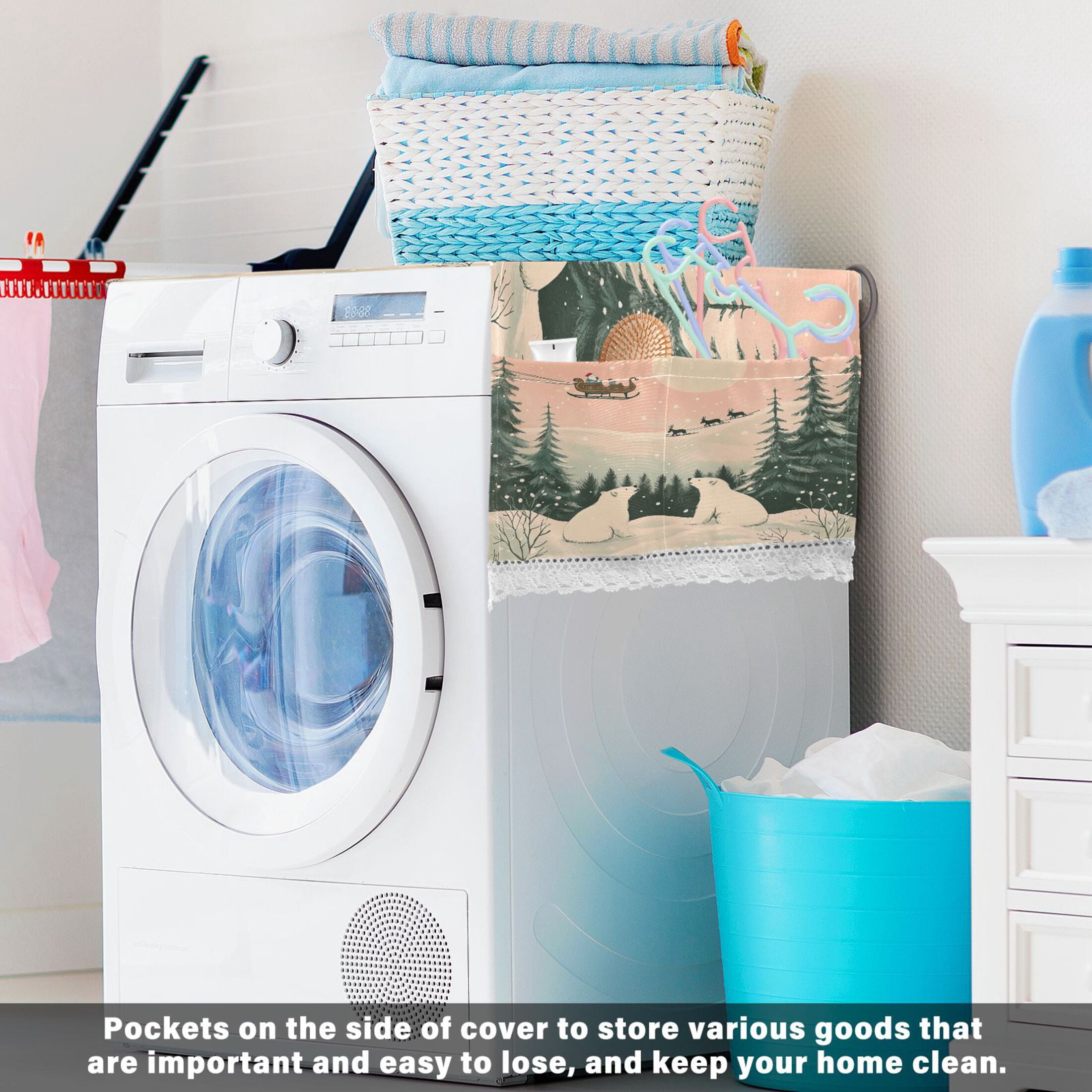 Two Polar Bears in The SnowWasher and Dryer Covers Dust-Proof and Oil Resistant Fridge Cover with 4 Storage Pockets Washing Machine Top Cover for Laundry Kitchen Home 51.2 x 22 In