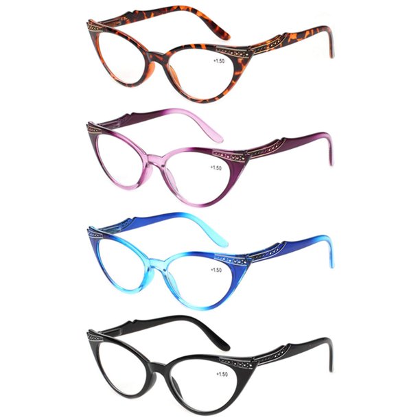 4 Pack Women Reading Glasses Cat Eye Shiny Stripe Design Spring Hinge