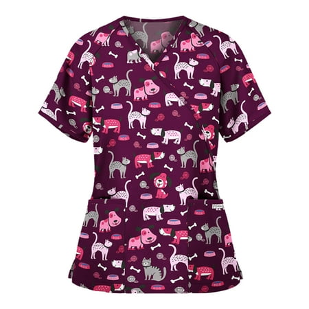 

Inevnen Navison Working Uniform T Shirt Women Print Short Sleeve V-Neck Scrub Top Tee with Pockets