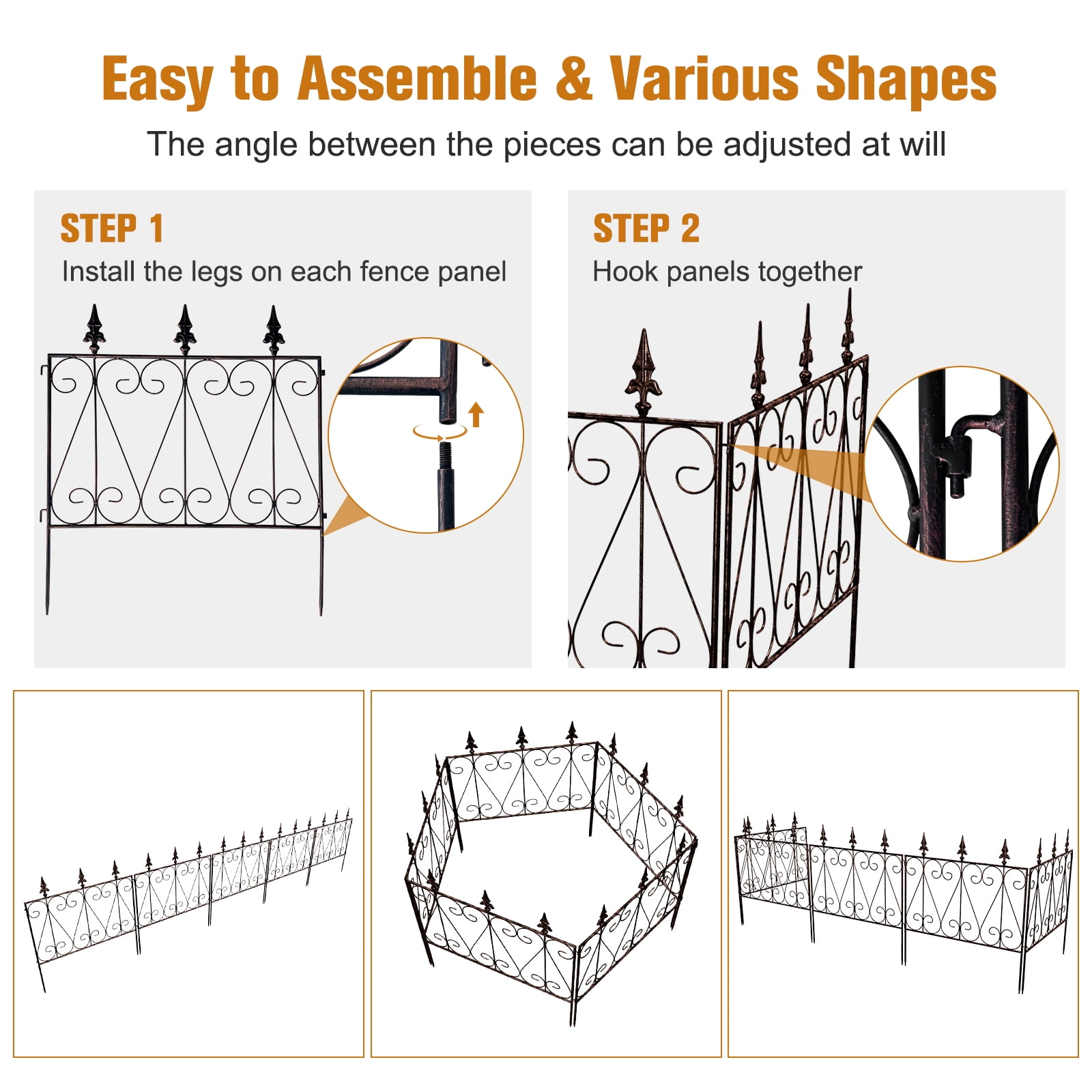 Kinbor 5 Panels Decorative Garden Fence Border Metal Garden Fencing Animal Barrier for Dogs Flower Edging for Yard, Black Gold