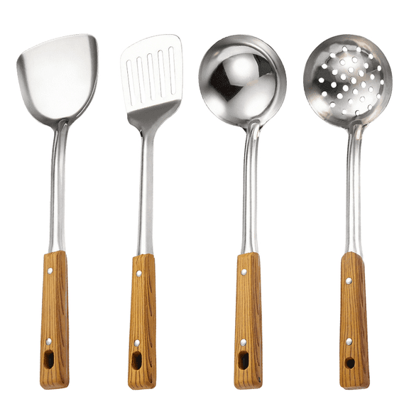 4 Pcs Stainless Steel Cooking Utensils Set, Heat Resistant Wood Handle Kitchen Turner Ladle Spoon, Dishwasher Safe Hanging Cooking Tools
