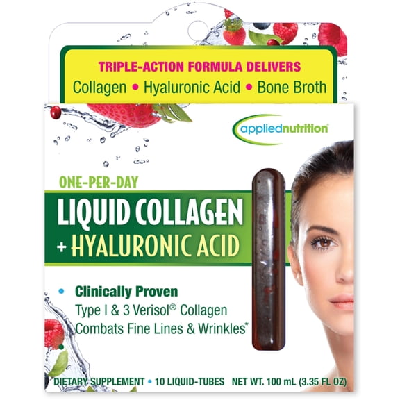 Applied Nutrition Liquid Collagen   Hyaluronic Acid - 10 Liquid Tubes - Skin & Nail Restoration - Mixed Berry Flavor - 10 Servings