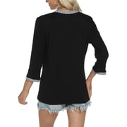 VDJ Womens 3/4 Sleeve Tops Striped Color Block Henley V Neck T Shirts Fashion Fall Tunic Elegant Black Tee Blouse Size XL