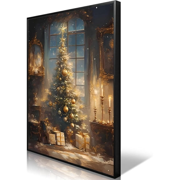 Huabsad Vintage Christmas Wall Art, Christmas Tree Canvas Picture Painting Prints, Winter Pine Christmas Gifts Scene Posters, Farmhouse Aesthetic Christmas Room Wall Decor, 16x22in Metal Framed