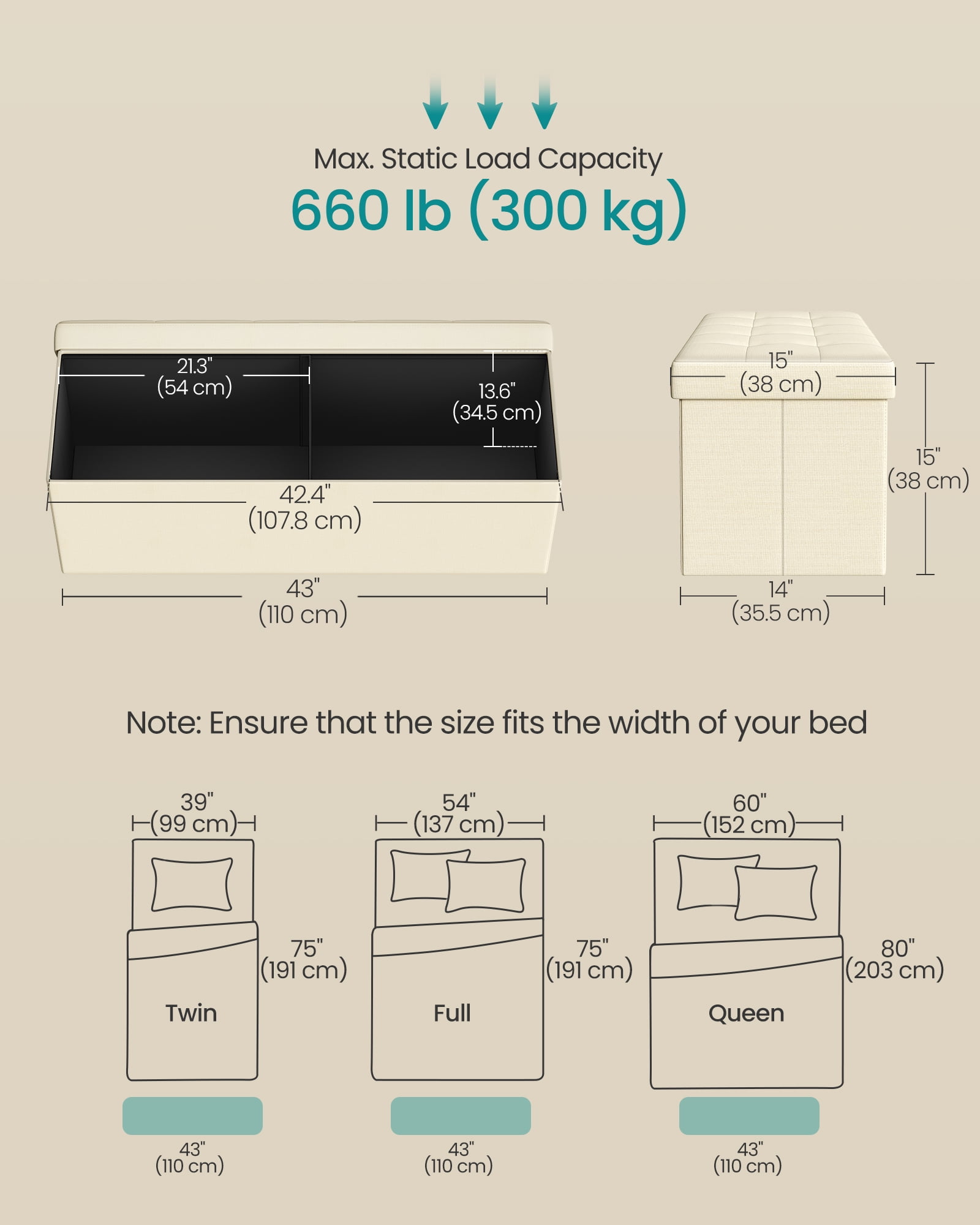 SONGMICS Storage Ottoman Bench, 15 x 43 x 15 Inches, Ottoman with Storage, End of Bed Bench, for Living Room, Bedroom, Cream White