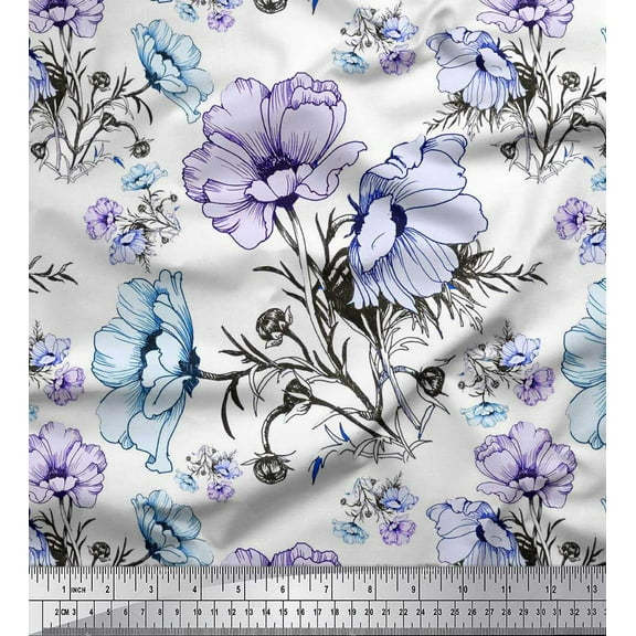 Soimoi Cotton Duck Fabric Leaves & Anemone Flower Print Fabric by Yard 42 Inch Wide