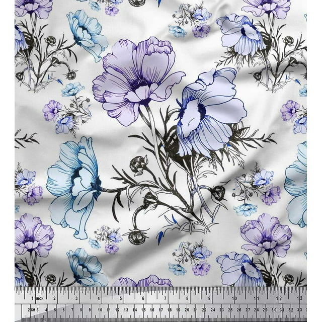 Soimoi Modal Satin Fabric Leaves & Anemone Flower Decor Fabric Printed Yard 42 Inch Wide