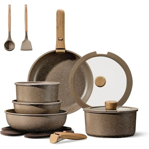 CAROTE 17-Piece Nonstick Cookware Set with Detachable Handle, Induction Compatible, Oven Safe, Brown Pots and Pans for Kitchen & RV