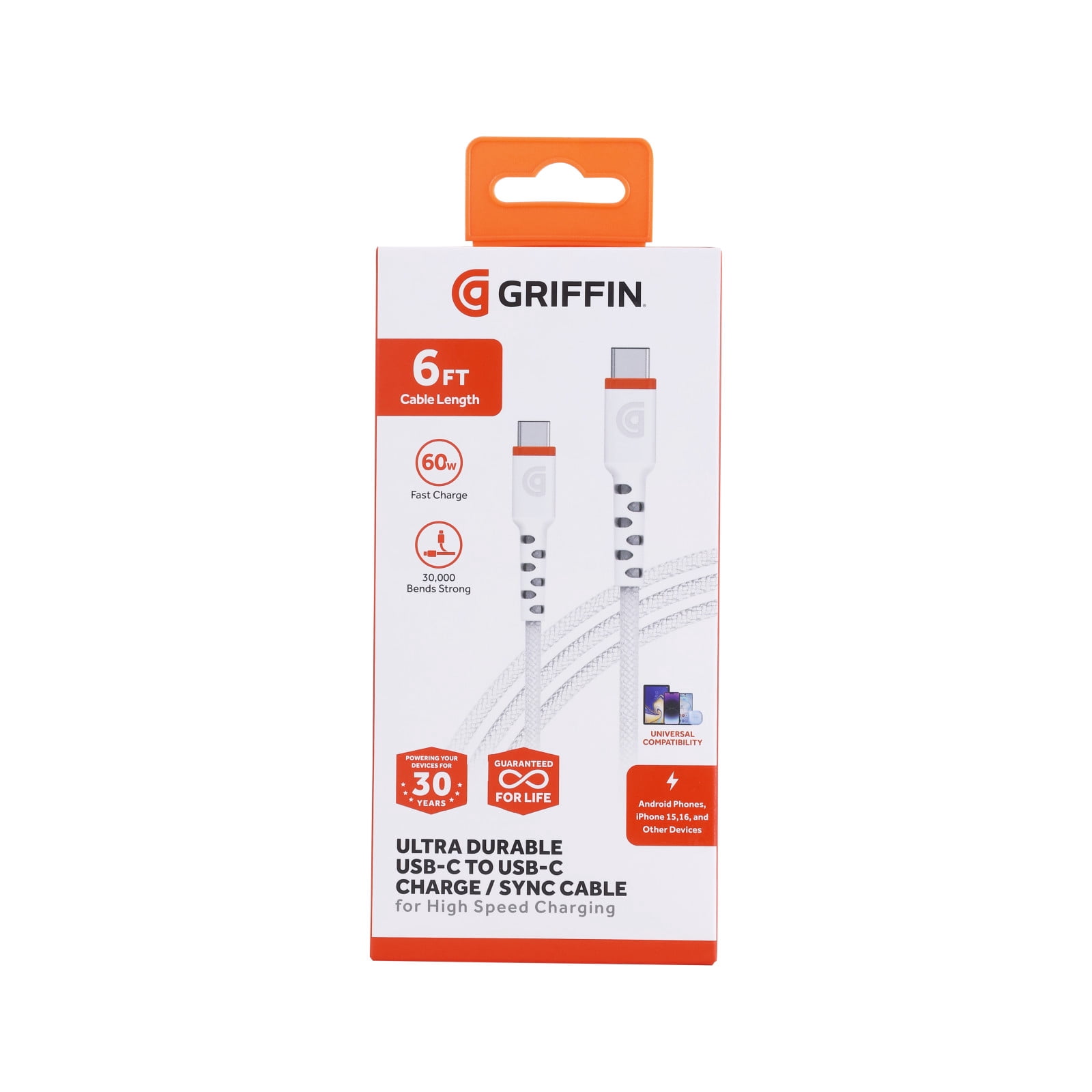 Griffin 6ft Ultra Durable USB-C to USB-C Charge & Sync Cable – Fast Charging, 30,000 Bends Strong, Compatible with Android, iPhone, Tablets, USB-C Device, High-Speed Charging Cable