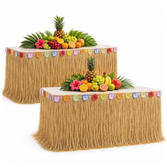 2 Pack Luau Grass Table Skirt, Straw Yellow Hawaiian Polyester Table Skirts for Tropical Beach Party Decorations, 9 ft x 29.5 in