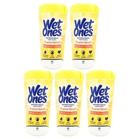 Wet Ones Antibacterial Hand Wipes Canister. Fresh and Hypoallergenic. Tropical Splash Scent. 40 Wipes. Pack of 5