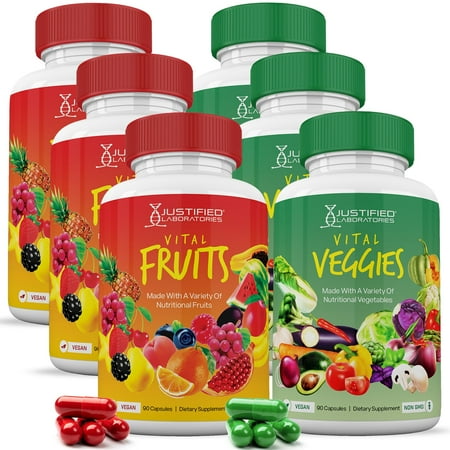 Vital Fruits and Veggies Supplement Whole Food Red & Green Superfoods Non GMO Vegan Friendly 90 Veggie Capsules Per Bottle 6 Bottles