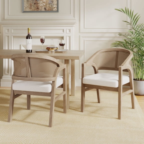 Christopher Knight Home Mid-Century Upholstered Dining Chairs, Solid Wood, Cane Backs, Light Ash, Set of 2
