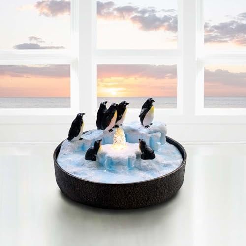 Tabletop Fountain for Round Base with Penguin Statue, Zen Meditation Waterfall Featurelittle Little Indoorwater Fountain for Kids with LED Lights Office Home Relax Desktop Fountain
